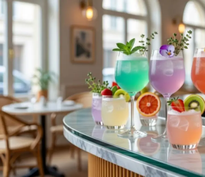Autorskie kolorowe koktajle serwowane w barze restauracji