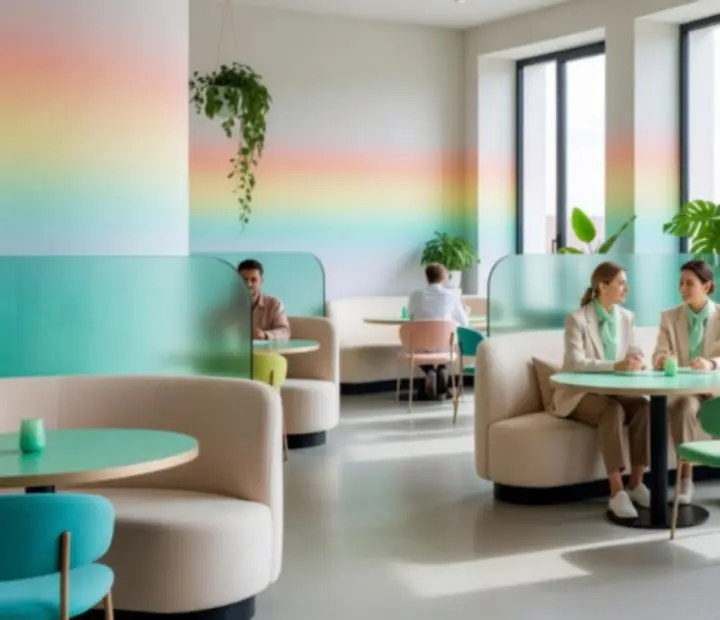 Wnętrze restauracji Polvarionex inspirowane stylem Glassmorphism z pastelowymi barwami