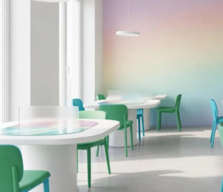 Nowoczesne, jasne wnętrze restauracji Polvarionex w pastelowej stylistyce